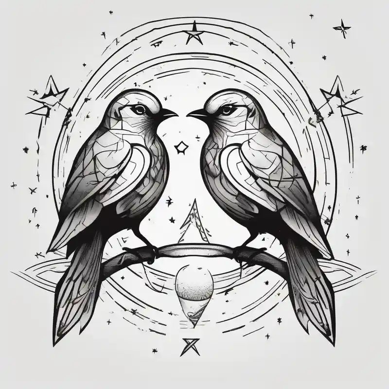 two birds sitting, stars and infinity theme couples tattoo hello kitty tattoo